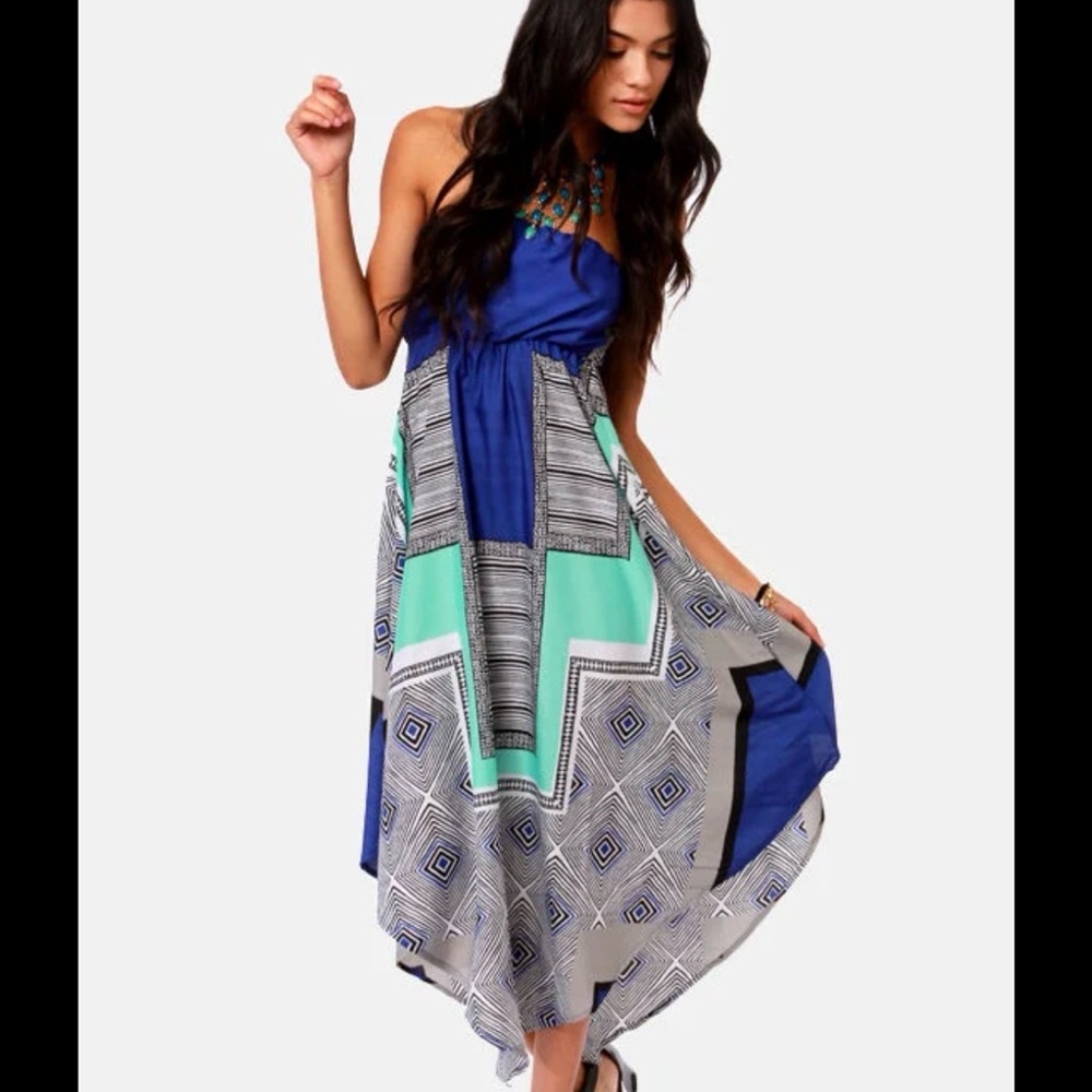 Roxy Floating by Strapless Blue Print handkerchief Dress Nordstrom Large
